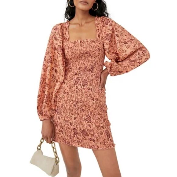 Free People Smock It To Me Mini Dress Apricot Combo - Picture 1 of 7